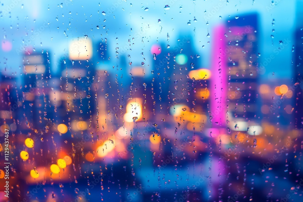 Obraz premium A mesmerizing aerial view reveals a cityscape blurred by raindrops on a window, where glimmers of light dance on the wet surface, evoking a dreamlike ambiance.