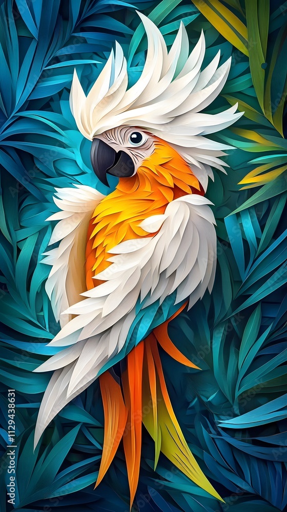Fototapeta premium Macaw with Flowers, Formed With Paper Cut Art, Abstract Image, Texture, Pattern Background, Wallpaper, Cover and Screen of Smartphone, PC, Laptop, 9:16 and 16:9 Format