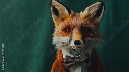 A stylish portrait of a plush fox with a bowtie sitting elegantly against a rich forest green background. photo