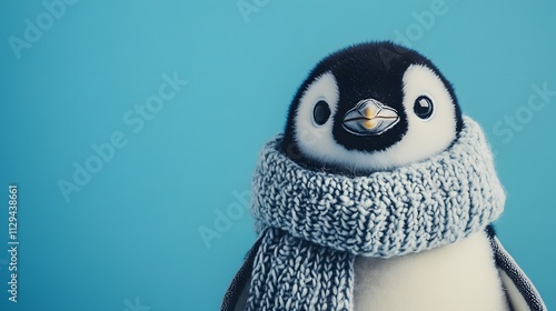 A stylish portrait of a plush penguin wearing a scarf standing against an icy blue background.