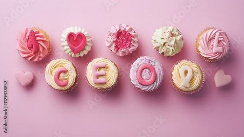 A sweet message formed using icing letters on top of cupcakes arranged on a pink background. photo