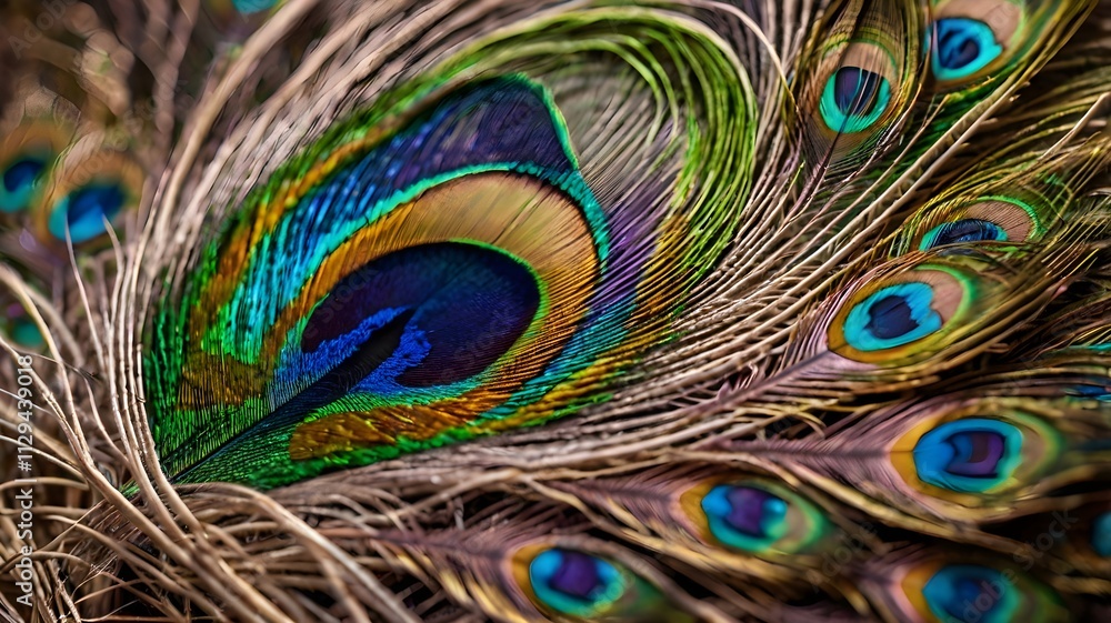 Fototapeta premium vibrant peacock feather showcases mesmerizing swirl of colors and intricate patterns,