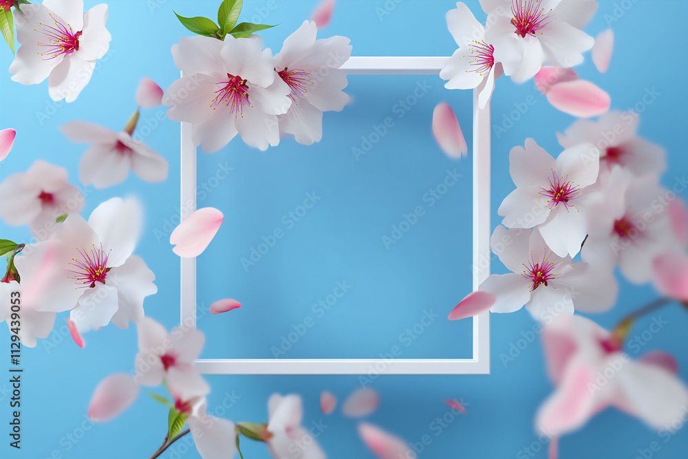 Obraz premium Mockup blank square frame with pink and white flowers on a blue background