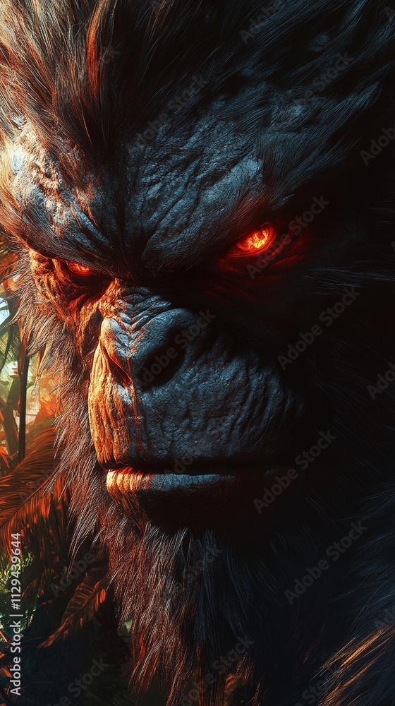 Close-up of a menacing, dark-furred creature with glowing red eyes, set against a blurred forest background. Close-up of a menacing, dark-furred creature with glowing red eyes, set against a blurred forest background.