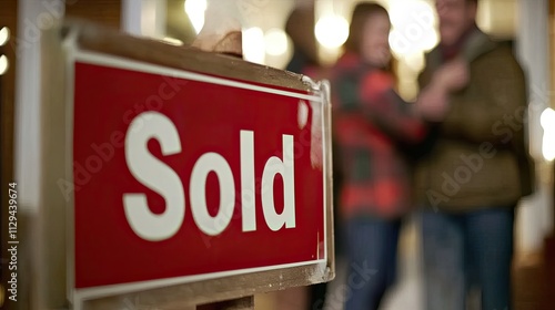 Close-up of a red 'Sold' sign with a blurred background of a happy couple celebrating a house purchase.
