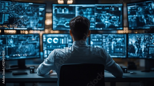 Man monitoring multiple screens displaying data.