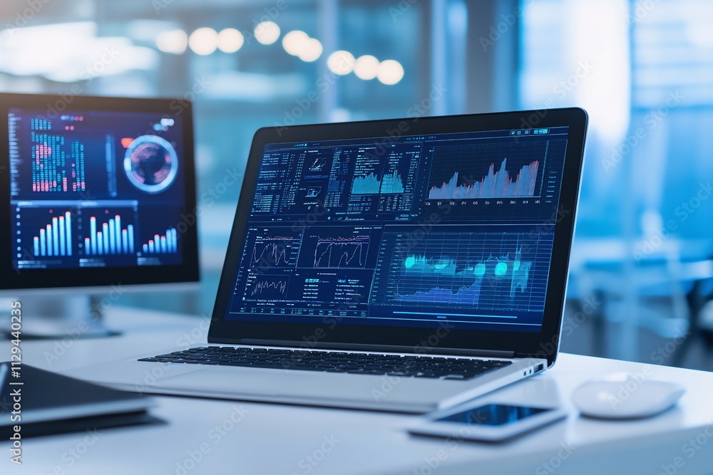 Machine learning-focused workstation, clean desk with a high-performance laptop connected to an external GPU, screens showing data charts Machine learning-focused workstation, clean desk with a high-performance laptop connected to an external GPU, screens showing data charts