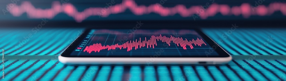 Fototapeta premium A digital tablet displays a vibrant, pink data graph on a teal background, showcasing modern technology and analytics.