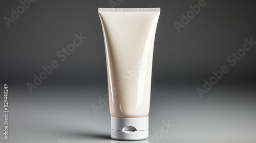 Beige mockup cosmetic plastic bottle on light gray background