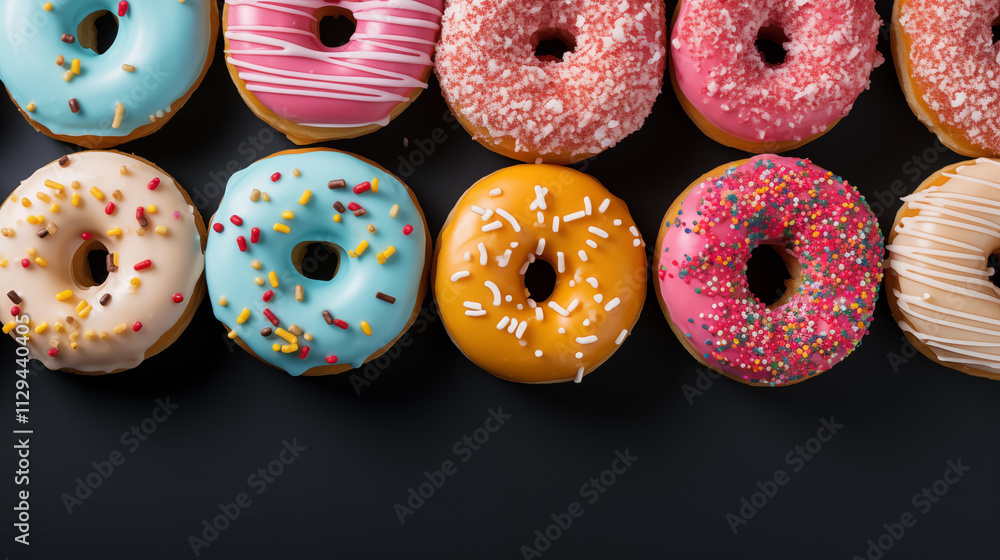 Rows of multi-colored donuts on dark blue background top view Rows of multi-colored donuts on dark blue background top view