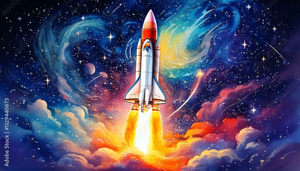 Obraz premium Rocket launch in a watercolor cosmic sky filled with swirling galaxies.