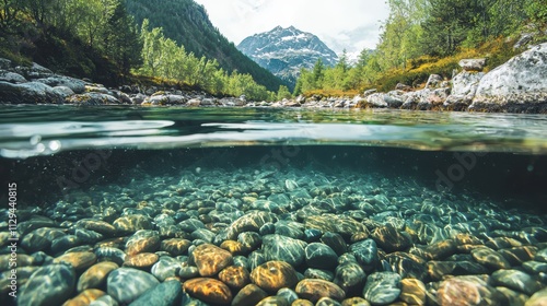 A serene underwater view of colorful stones beneath clear water, with a backdrop of lush greenery and majestic mountains.