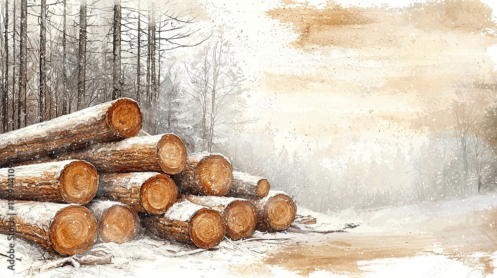 Pile of logs covered with snow in winter forest during snowfall Pile of logs covered with snow in winter forest during snowfall