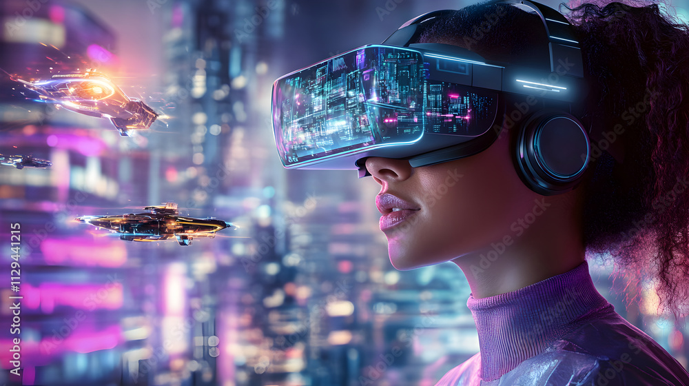 Woman Immersed in Virtual Reality with Futuristic VR Headset and Holographic Spaceships in a Neon Sci-Fi City Woman Immersed in Virtual Reality with Futuristic VR Headset and Holographic Spaceships in a Neon Sci-Fi City