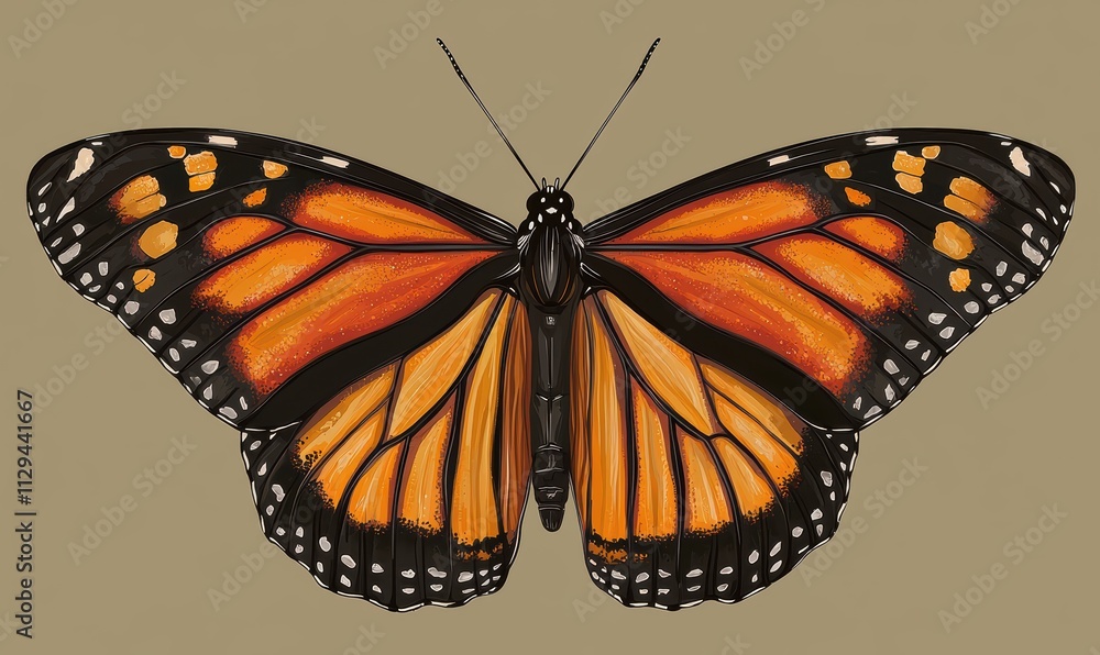 Fototapeta premium A vibrant monarch butterfly with distinct orange and black wings, showcasing intricate patterns against a muted background.