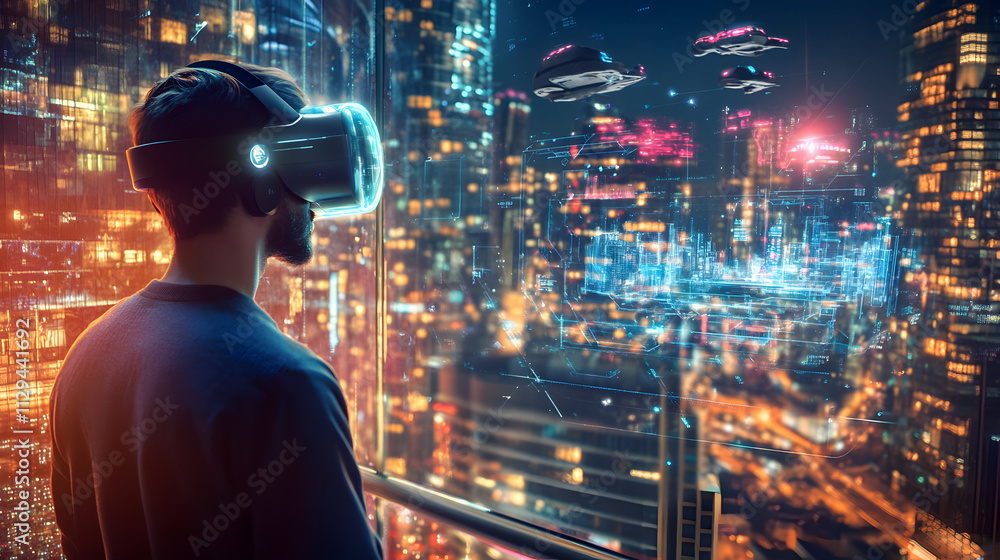 Man Viewing a Holographic Virtual Cityscape Through a VR Headset Overlooking a Cyberpunk Metropolis at Night Man Viewing a Holographic Virtual Cityscape Through a VR Headset Overlooking a Cyberpunk Metropolis at Night