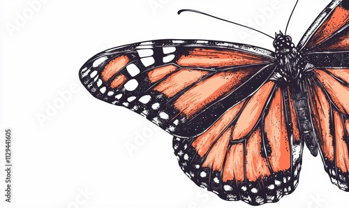 A detailed illustration of a vibrant orange and black butterfly, highlighting its intricate wing patterns.