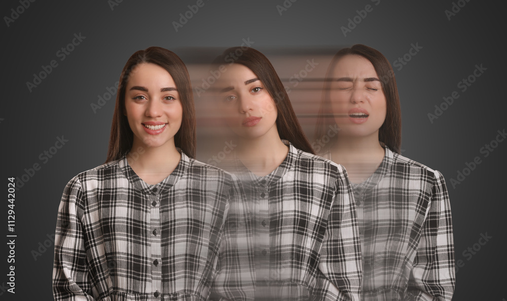 Young woman coping with crisis and negative emotions on grey background, motion blur effect. Psychological resilience Young woman coping with crisis and negative emotions on grey background, motion blur effect. Psychological resilience