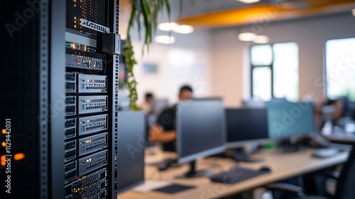 A high-tech setup in a modern Mexican office environment, featuring a SonicWALL device being installed in a sleek server rack.  photo