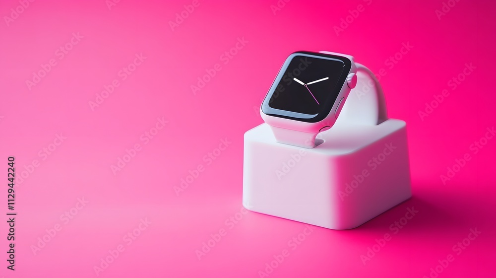 A white smartwatch charging dock with smooth curves on a bright pink background. A white smartwatch charging dock with smooth curves on a bright pink background.