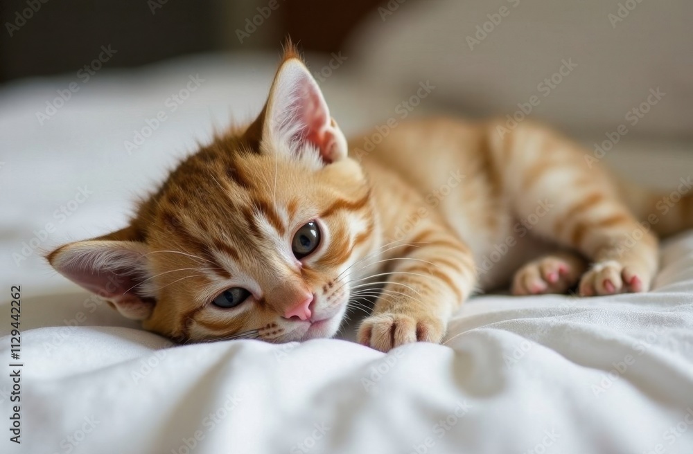 Cute kitten lying comfortably on a white bed. Cute kitten lying comfortably on a white bed.