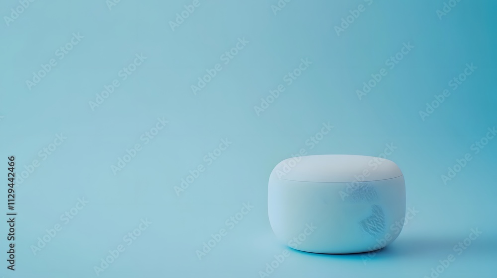 A white smart speaker with a rounded design on a pastel blue background. A white smart speaker with a rounded design on a pastel blue background.