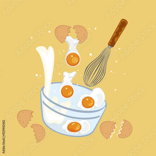 Set of baking illustrations. Elements: dough mixing, bakery, cooking, egg beater, sweet products, desserts, pastry concept. Vector illustration isolated on white background for posters, and banners.
