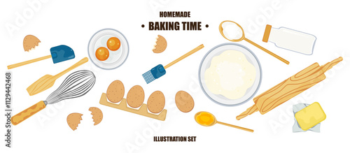 Baking illustration set. Elements. Baking, bakery, cooking, sweet products, dessert, pastries concept. Vector illustrations isolated on white background for posters, banners, cards, and advertisements