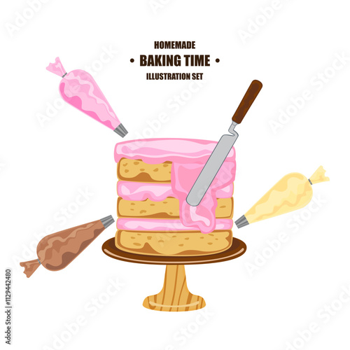 Baking illustration set. Elements. Baking, bakery, cooking, sweet products, dessert, pastries concept. Vector illustrations isolated on white background for posters, banners, cards, and advertisements