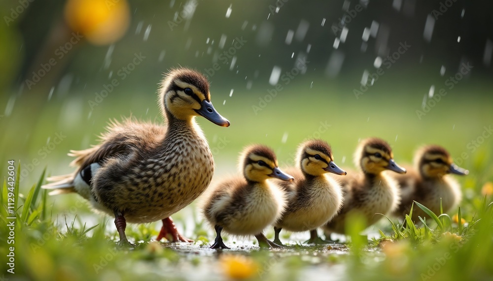 Mother duck with ducklings walking in the rain on a grassy pond edge Mother duck with ducklings walking in the rain on a grassy pond edge