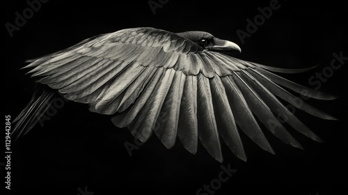 Majestic raven in flight, black and white.