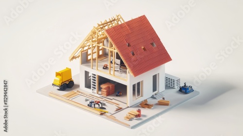 a isometric view of a 3D house with roof renovation works on white background, diorama, clean, professional photo