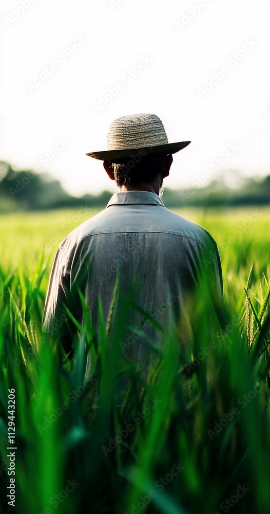 A person in a straw hat stands in a lush green field.