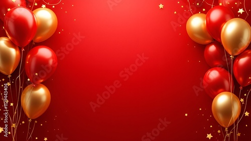 Celebration party banner background with red, gold balloons, carnival, festival or birthday balloon red background, red celebration background template
