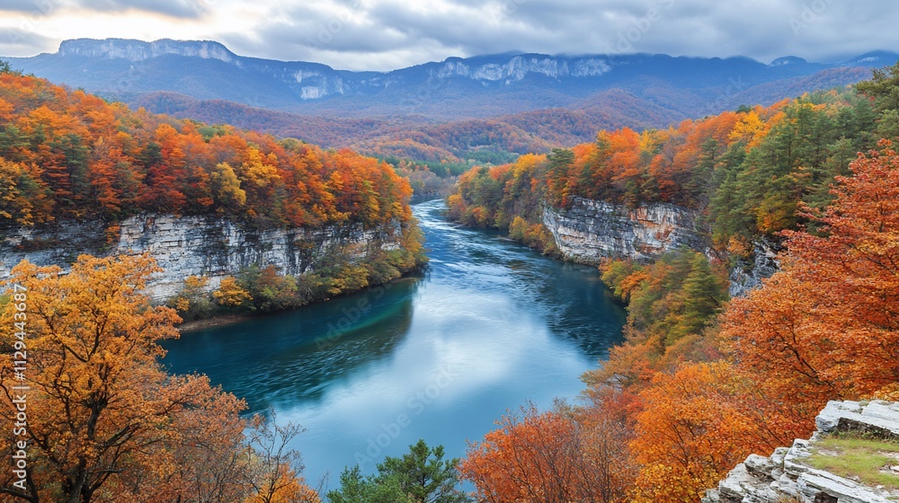 Autumnal river landscape with colorful foliage and mountains. Autumnal river landscape with colorful foliage and mountains.