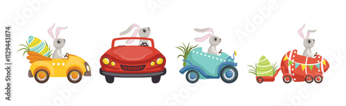 Cute Hare with Long Ears Driving Retro Car Carrying Easter Eggs Vector Set