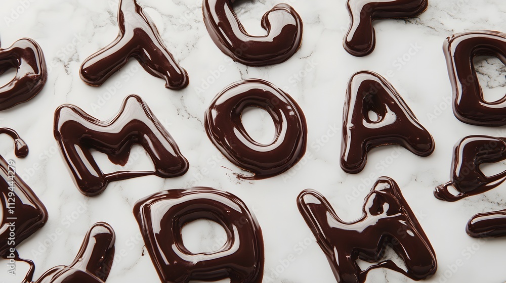 Letters made from melted chocolate drizzled artistically on a marble countertop. Letters made from melted chocolate drizzled artistically on a marble countertop.