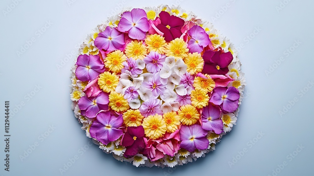Colorful flower arrangement in circle shape on white background. Colorful flower arrangement in circle shape on white background.