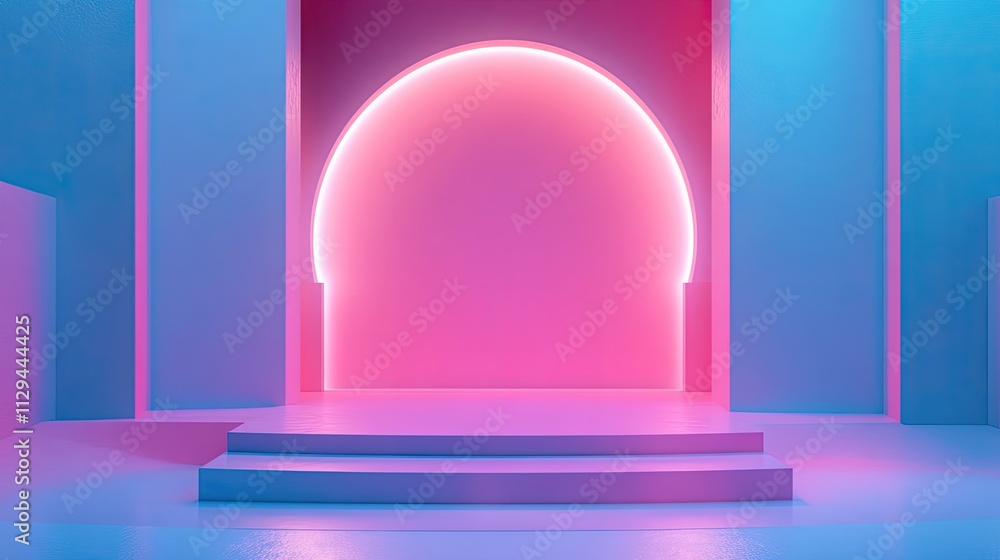 Neon archway with pink and blue lighting illuminating a stage. Neon archway with pink and blue lighting illuminating a stage.