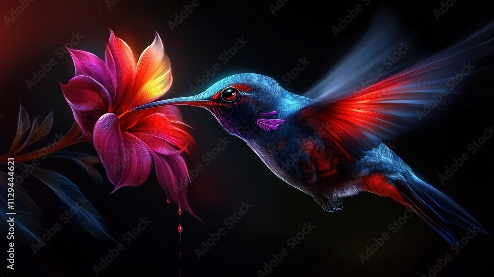 Obraz premium fantasy hummingbird with deep red veins, intricate patterns of dark hues, neon paint dripping off the leaves