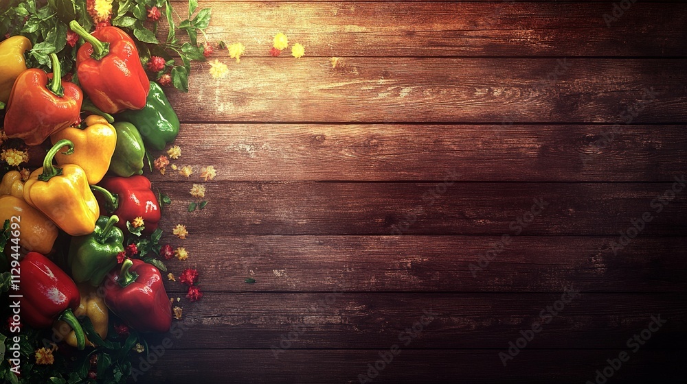 Colorful bell peppers arranged on a rustic wooden table. Colorful bell peppers arranged on a rustic wooden table.