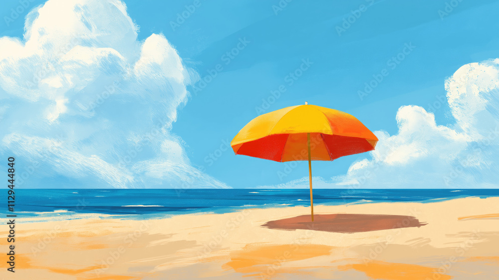 Generative AI illustration of tranquil beach setting with a vibrant yellow and orange umbrella against a backdrop of blue skies and fluffy clouds Generative AI illustration of tranquil beach setting with a vibrant yellow and orange umbrella against a backdrop of blue skies and fluffy clouds