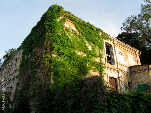 An abandoned brickstone building overtaken by ivy and vegetation, with missing roof tiles, barred windows on the ground floor, and no visible human activity The scene is partly cloudy