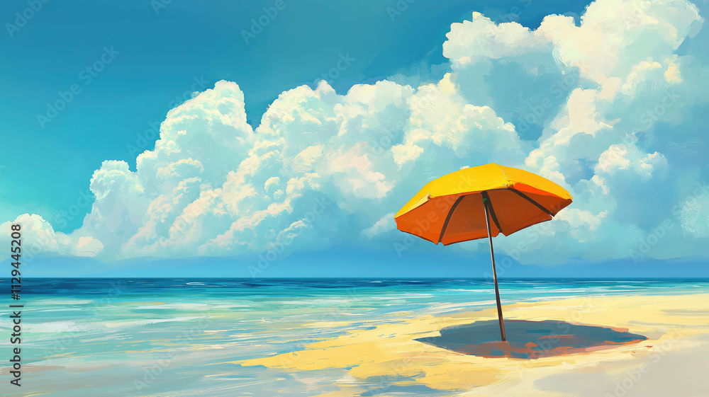Generative AI illustration of tranquil beach setting with a vibrant yellow and orange umbrella against a backdrop of blue skies and fluffy clouds Generative AI illustration of tranquil beach setting with a vibrant yellow and orange umbrella against a backdrop of blue skies and fluffy clouds