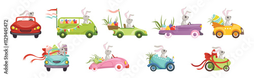 Cute Hare with Long Ears Driving Retro Car Carrying Easter Eggs Vector Set