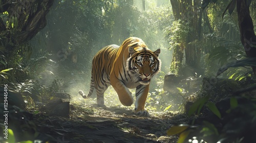 Majestic tiger stalking through lush jungle. photo