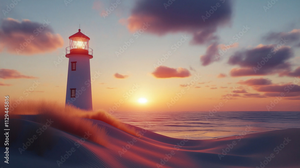 Generative AI illustration of white and red lighthouse standing on dunes against sea on sunset Generative AI illustration of white and red lighthouse standing on dunes against sea on sunset