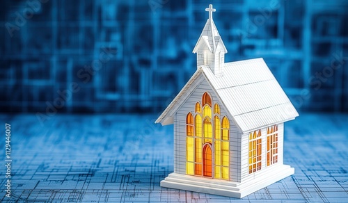 stain glass model of church on a blueprint, new home concept, copy space  