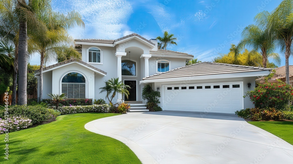 Fototapeta premium two story california house model with palm trees, new home concept, copy space 