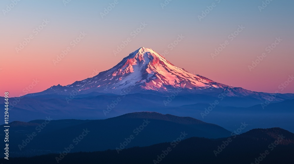 Prominent Snowy Mountain Peak Under Gradient Blue and Pink Sky Prominent Snowy Mountain Peak Under Gradient Blue and Pink Sky